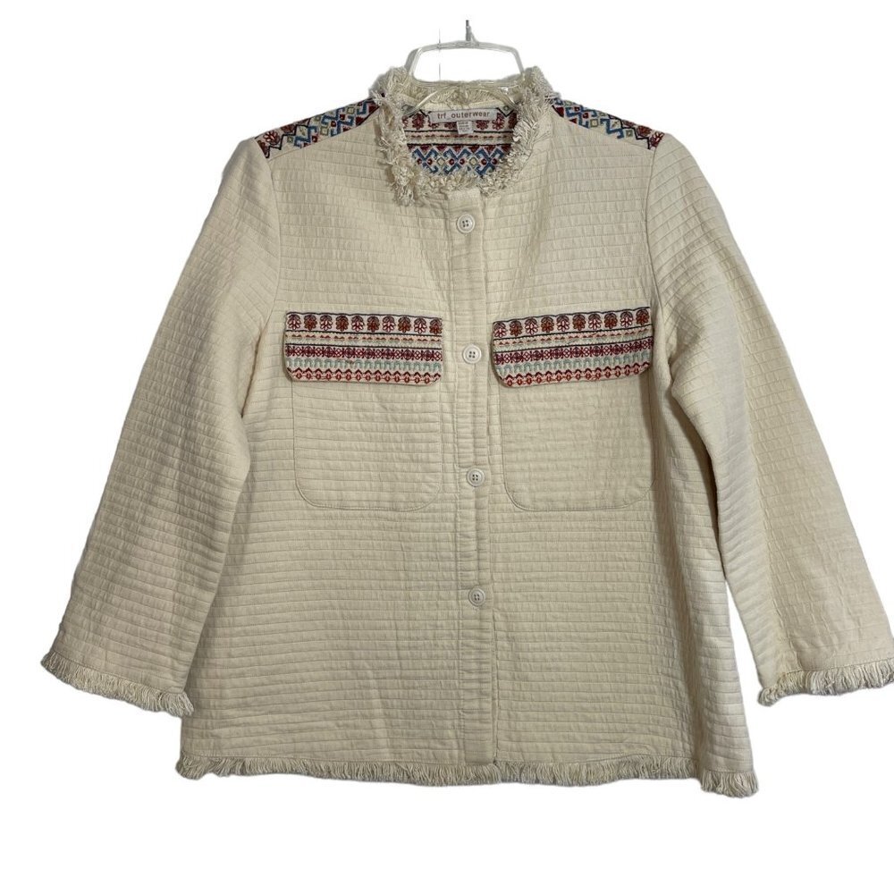 ZARA TRF_OUTERWEAR Faux Quilted Ivory Jacket Medium Ethnic Sherpa Embroidery EUC